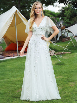 Short Sleeve Ruffle Sequin Deep V-Neck A-Line Floor Length Evening Dresses