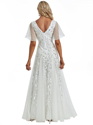 Short Sleeve Ruffle Sequin Deep V-Neck A-Line Floor Length Evening Dresses