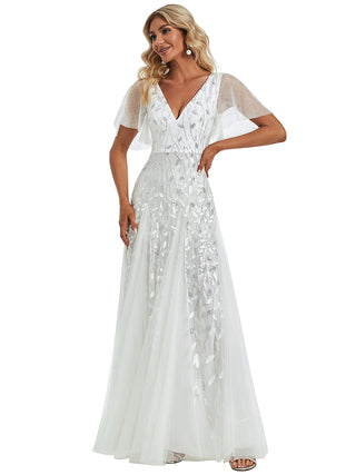 Short Sleeve Ruffle Sequin Deep V-Neck A-Line Floor Length Evening Dresses