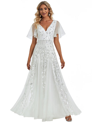 Short Sleeve Ruffle Sequin Deep V-Neck A-Line Floor Length Evening Dresses