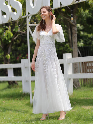 Short Sleeve Ruffle Sequin Deep V-Neck A-Line Floor Length Evening Dresses