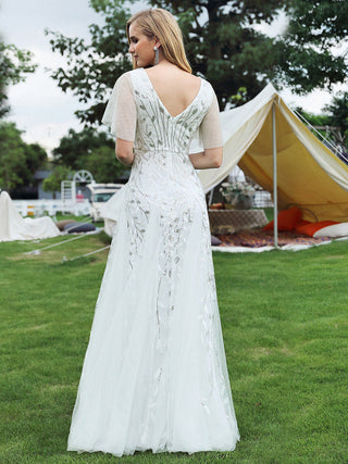 Short Sleeve Ruffle Sequin Deep V-Neck A-Line Floor Length Evening Dresses