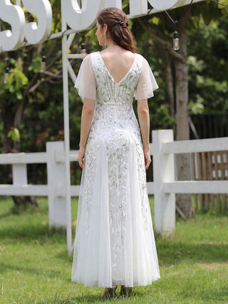 Short Sleeve Ruffle Sequin Deep V-Neck A-Line Floor Length Evening Dresses