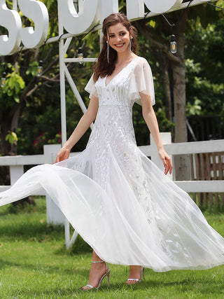 Short Sleeve Ruffle Sequin Deep V-Neck A-Line Floor Length Evening Dresses