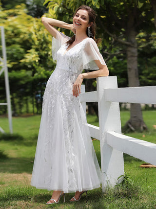 Short Sleeve Ruffle Sequin Deep V-Neck A-Line Floor Length Evening Dresses