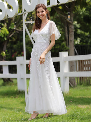 Short Sleeve Ruffle Sequin Deep V-Neck A-Line Floor Length Evening Dresses