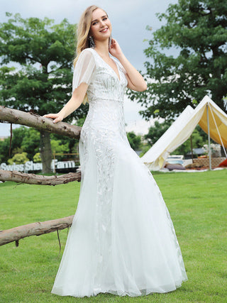 Short Sleeve Ruffle Sequin Deep V-Neck A-Line Floor Length Evening Dresses