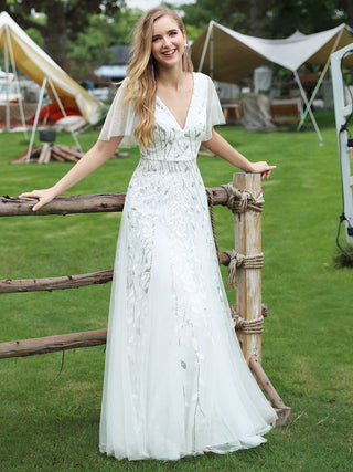 Short Sleeve Ruffle Sequin Deep V-Neck A-Line Floor Length Evening Dresses
