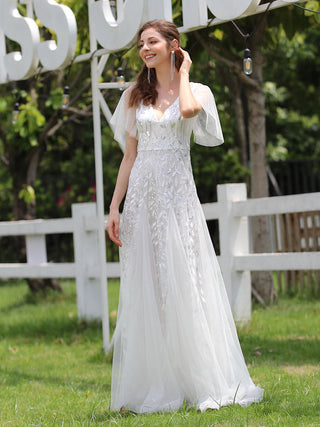 Short Sleeve Ruffle Sequin Deep V-Neck A-Line Floor Length Evening Dresses