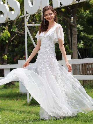 Short Sleeve Ruffle Sequin Deep V-Neck A-Line Floor Length Evening Dresses