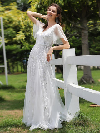 Short Sleeve Ruffle Sequin Deep V-Neck A-Line Floor Length Evening Dresses
