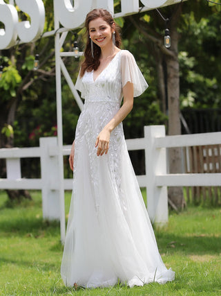 Short Sleeve Ruffle Sequin Deep V-Neck A-Line Floor Length Evening Dresses