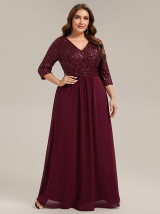 Half Sleeve V-Neck Sequin A-Line Floor Length Evening Dresses