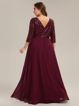 Half Sleeve V-Neck Sequin A-Line Floor Length Evening Dresses
