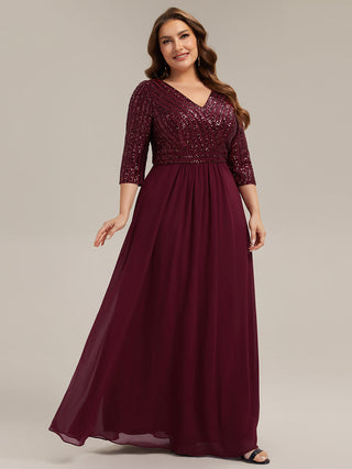 Half Sleeve V-Neck Sequin A-Line Floor Length Evening Dresses