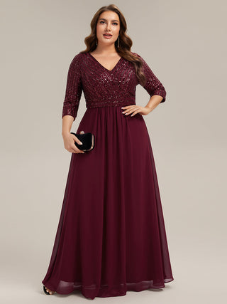 Half Sleeve V-Neck Sequin A-Line Floor Length Evening Dresses