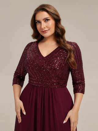 Half Sleeve V-Neck Sequin A-Line Floor Length Evening Dresses