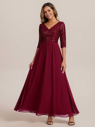 Half Sleeve V-Neck Sequin A-Line Floor Length Evening Dresses