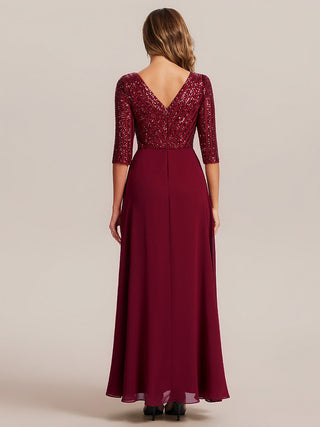 Half Sleeve V-Neck Sequin A-Line Floor Length Evening Dresses