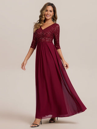 Half Sleeve V-Neck Sequin A-Line Floor Length Evening Dresses