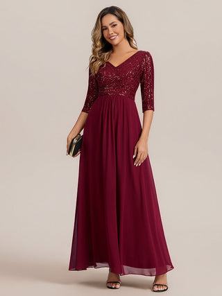 Half Sleeve V-Neck Sequin A-Line Floor Length Evening Dresses