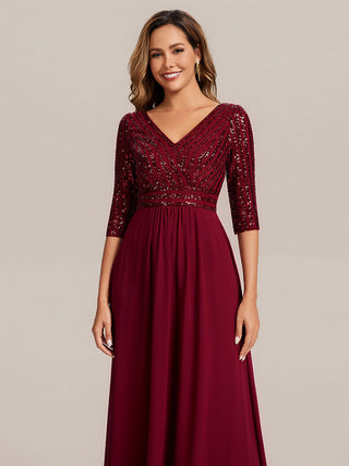 Half Sleeve V-Neck Sequin A-Line Floor Length Evening Dresses