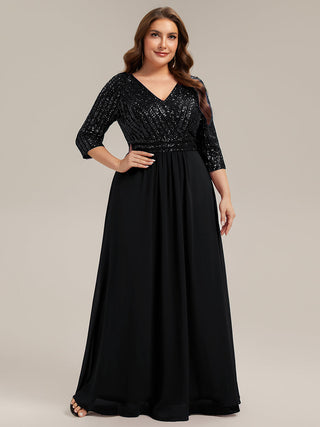 Half Sleeve V-Neck Sequin A-Line Floor Length Evening Dresses