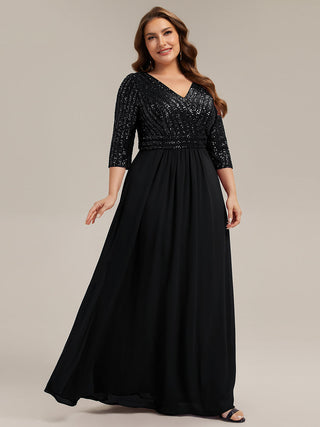 Half Sleeve V-Neck Sequin A-Line Floor Length Evening Dresses