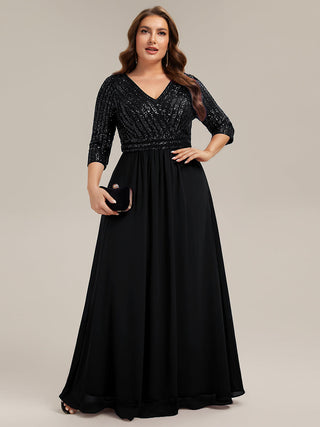 Half Sleeve V-Neck Sequin A-Line Floor Length Evening Dresses