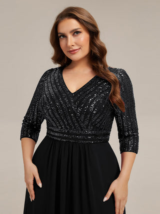 Half Sleeve V-Neck Sequin A-Line Floor Length Evening Dresses
