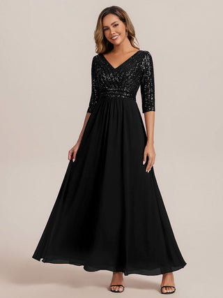 Half Sleeve V-Neck Sequin A-Line Floor Length Evening Dresses