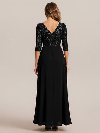 Half Sleeve V-Neck Sequin A-Line Floor Length Evening Dresses