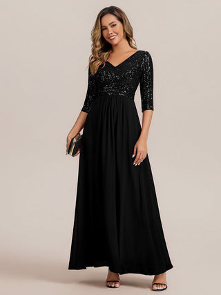 Half Sleeve V-Neck Sequin A-Line Floor Length Evening Dresses