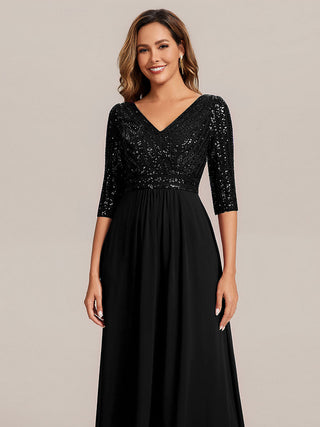 Half Sleeve V-Neck Sequin A-Line Floor Length Evening Dresses