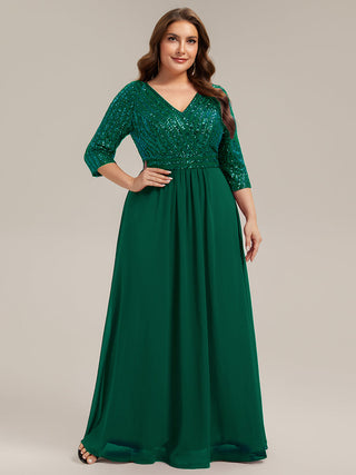 Half Sleeve V-Neck Sequin A-Line Floor Length Evening Dresses