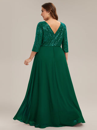 Half Sleeve V-Neck Sequin A-Line Floor Length Evening Dresses