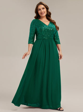 Half Sleeve V-Neck Sequin A-Line Floor Length Evening Dresses