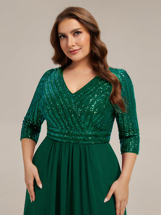 Half Sleeve V-Neck Sequin A-Line Floor Length Evening Dresses