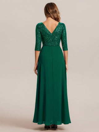 Half Sleeve V-Neck Sequin A-Line Floor Length Evening Dresses
