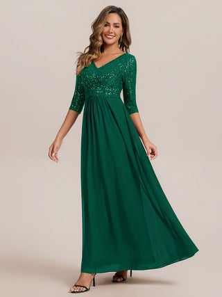 Half Sleeve V-Neck Sequin A-Line Floor Length Evening Dresses