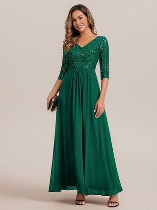 Half Sleeve V-Neck Sequin A-Line Floor Length Evening Dresses