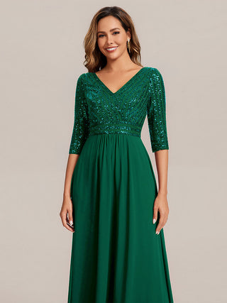Half Sleeve V-Neck Sequin A-Line Floor Length Evening Dresses