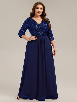 Half Sleeve V-Neck Sequin A-Line Floor Length Evening Dresses