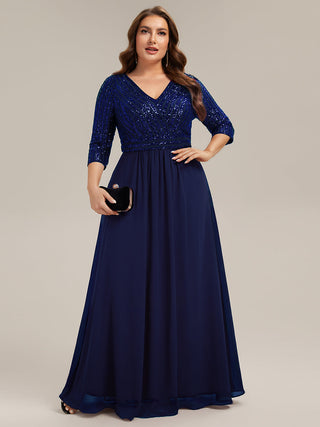 Half Sleeve V-Neck Sequin A-Line Floor Length Evening Dresses