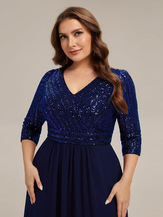 Half Sleeve V-Neck Sequin A-Line Floor Length Evening Dresses