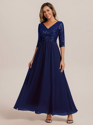 Half Sleeve V-Neck Sequin A-Line Floor Length Evening Dresses