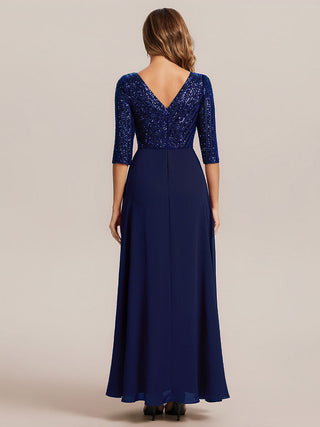 Half Sleeve V-Neck Sequin A-Line Floor Length Evening Dresses