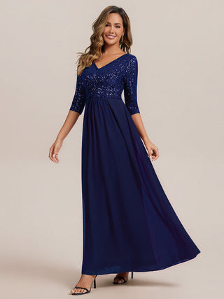 Half Sleeve V-Neck Sequin A-Line Floor Length Evening Dresses