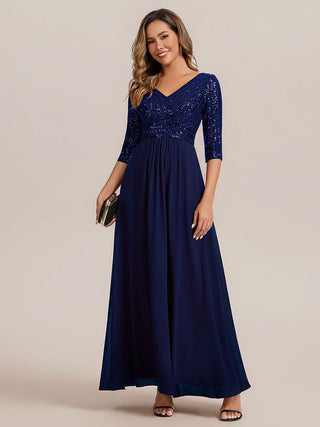 Half Sleeve V-Neck Sequin A-Line Floor Length Evening Dresses