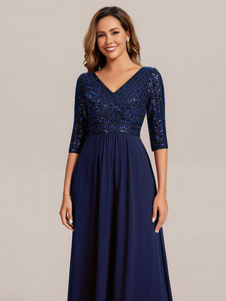 Half Sleeve V-Neck Sequin A-Line Floor Length Evening Dresses